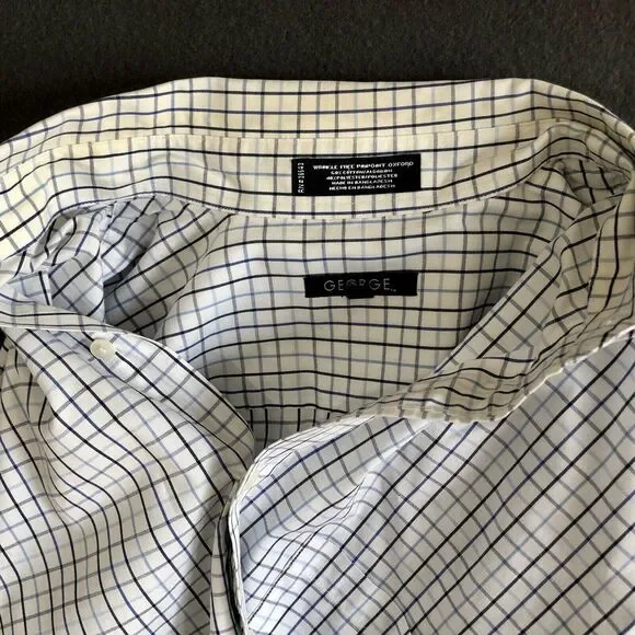 Button Up Dress Shirt Men's Sz L White Long Sleeve Blue Checkered George Western - Picture 10 of 13